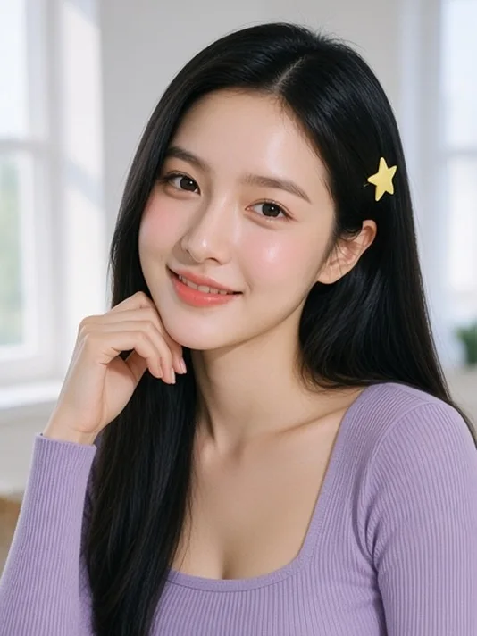 AI-generated sample: the same model, relaxed, fingertips resting lightly under her chin and smiling